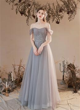 Picture of Grey Beaded Sweetheart Tulle A-line Off Shoulder Evening Dresses, Grey Floor Length Formal Dresses